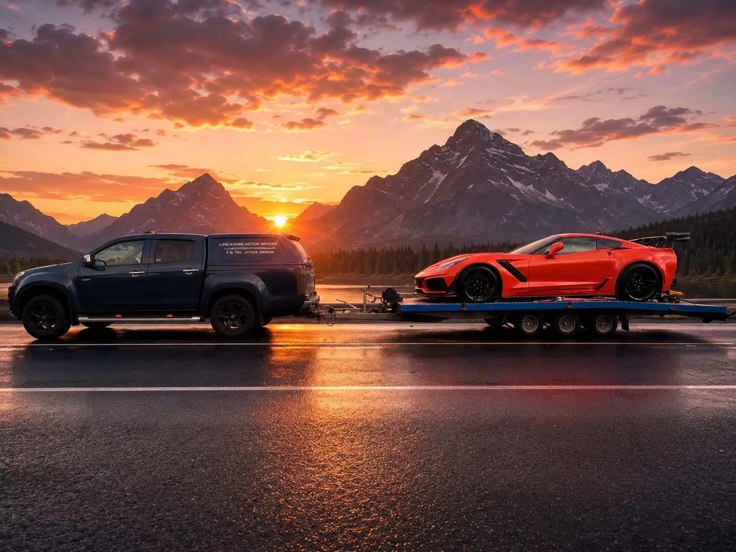 Sports car loaded on a transporter at sunrise Lancashire Motor Movers Morecambe